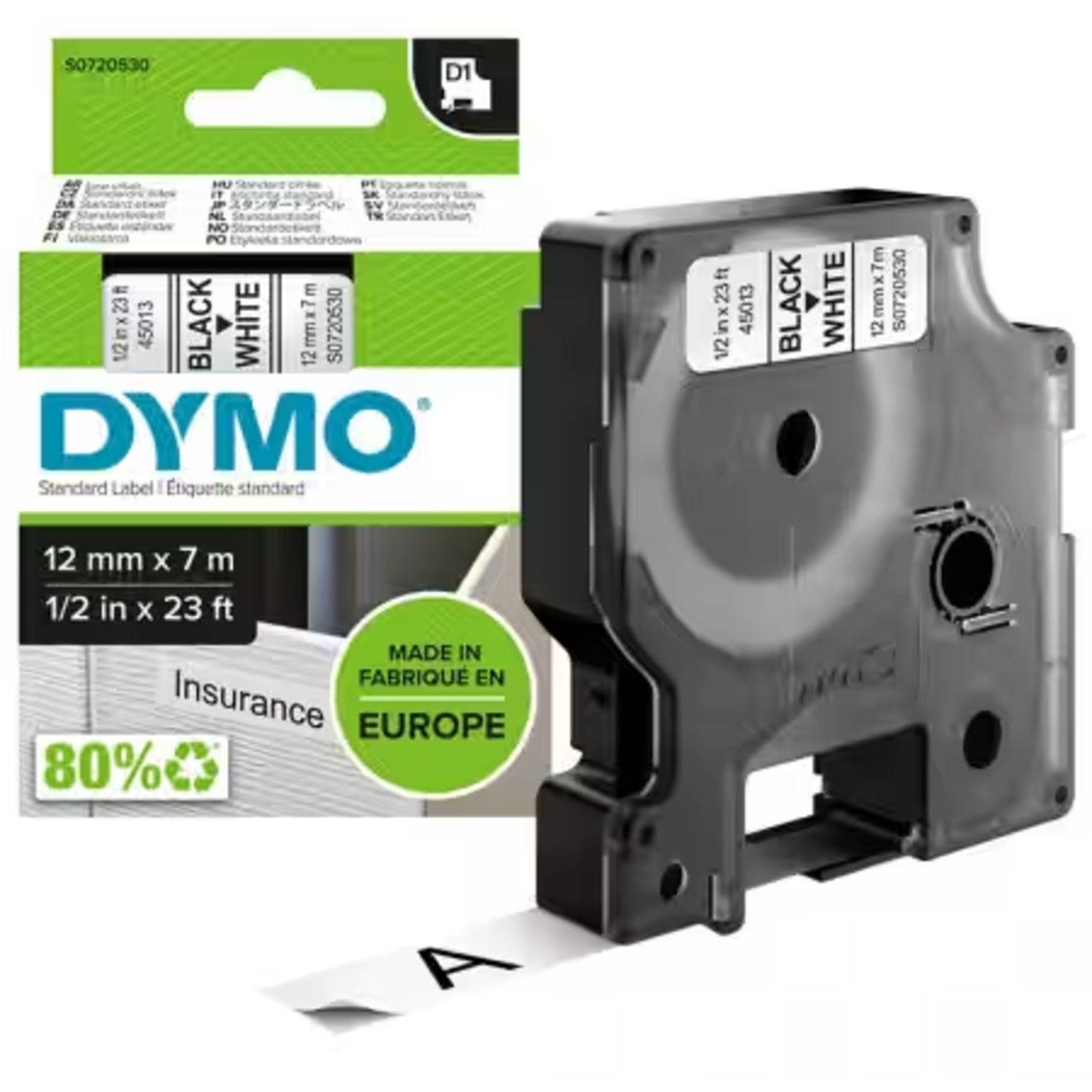 Kantoor Dymo tape 45013 12mm x 7m zw/wit