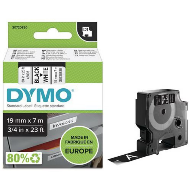 Kantoor Dymo tape 45803 19mm x 7m zw/wit